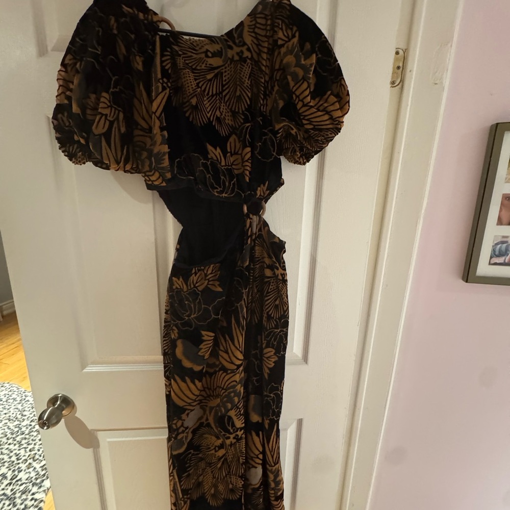 Anthropologie Black and Brown Floral Puff-Sleeve Maxi Dress